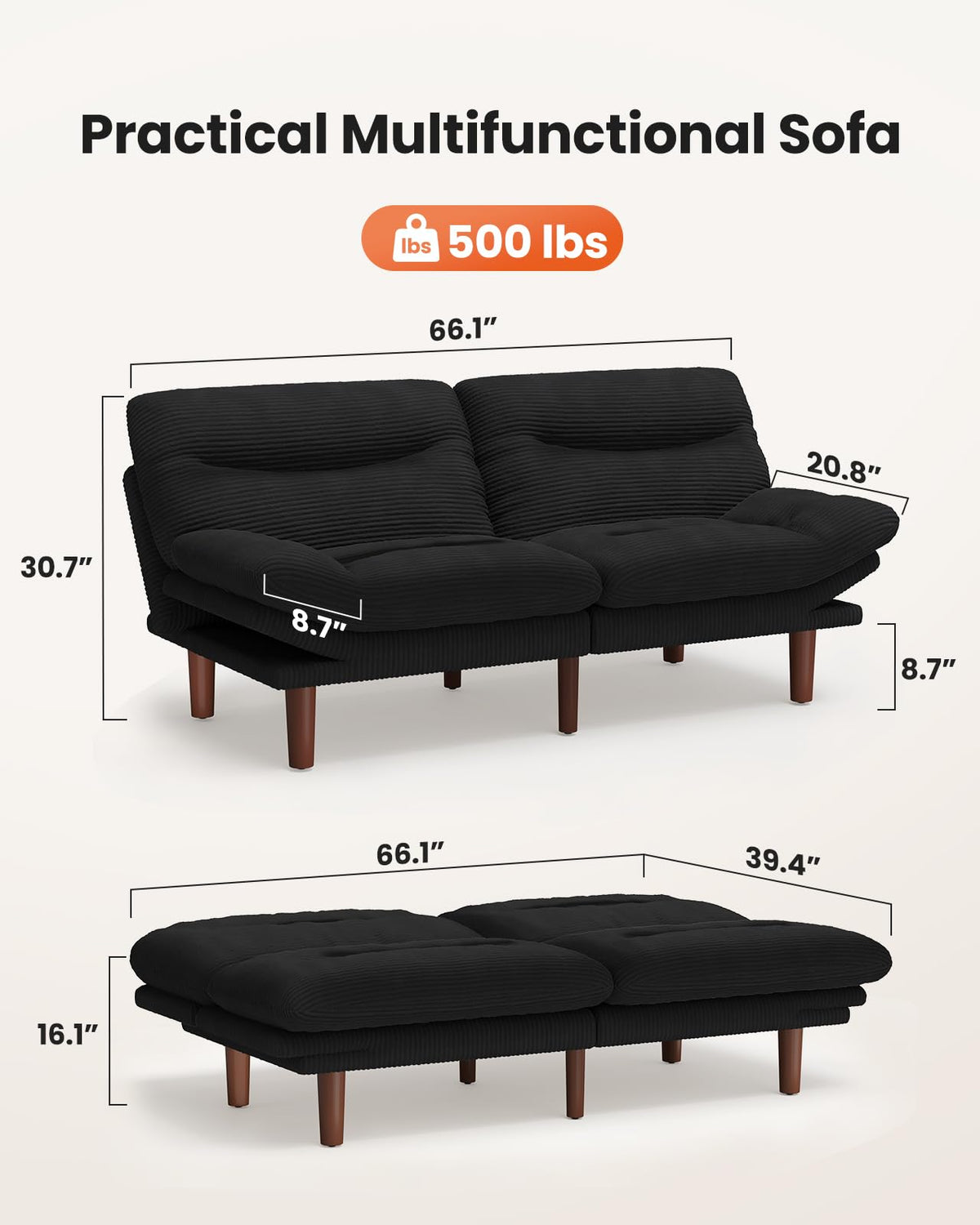 Amada 66 inch Convertible Corduroy Futon Sofa Bed, Black