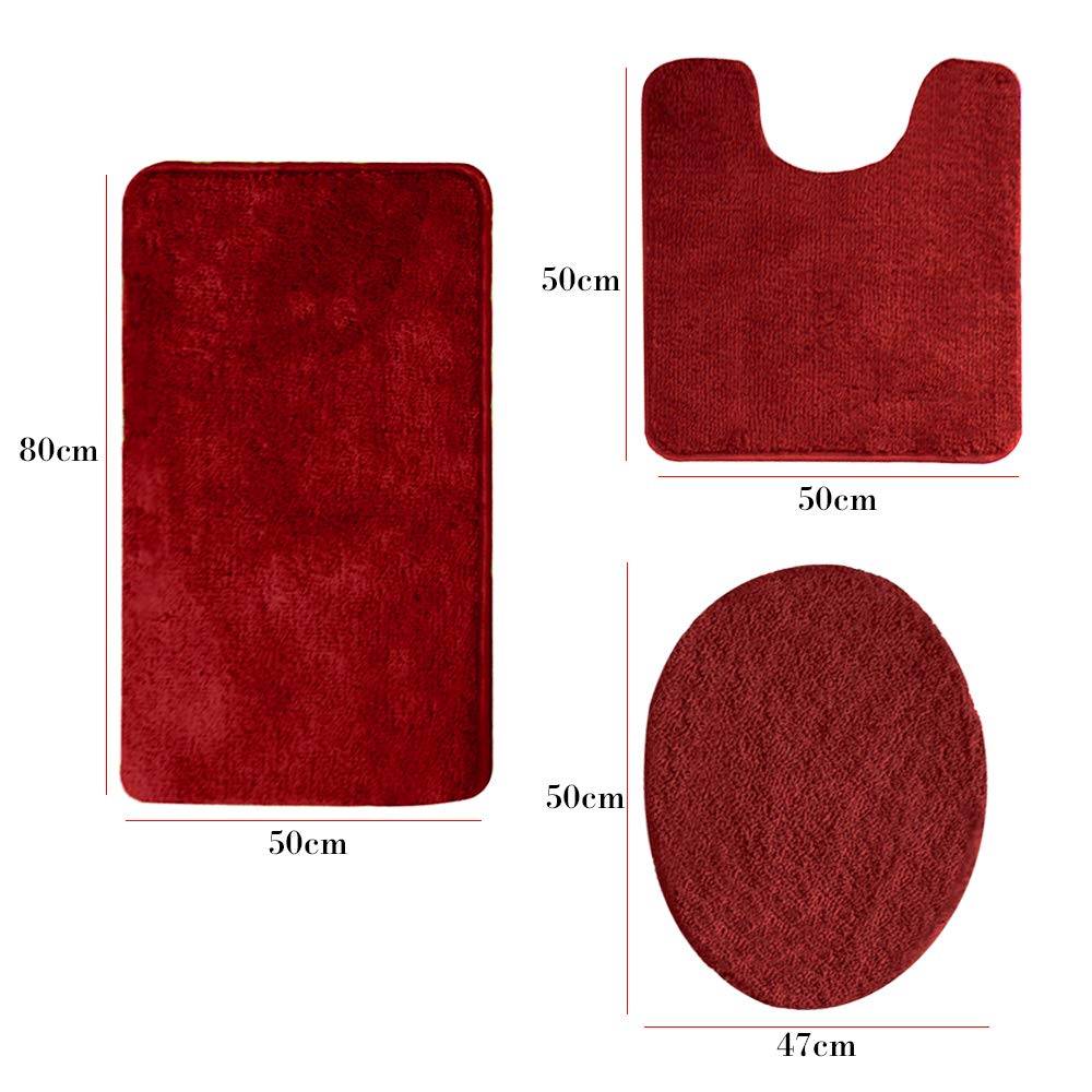 MIFXIN Bathroom Rug Set 3 Piece Anti-Slip Soft Bath Mats Rectangular Floor Mat Shower Rug, U-Shaped Area Rug, Toilet Lid Cover (Red)