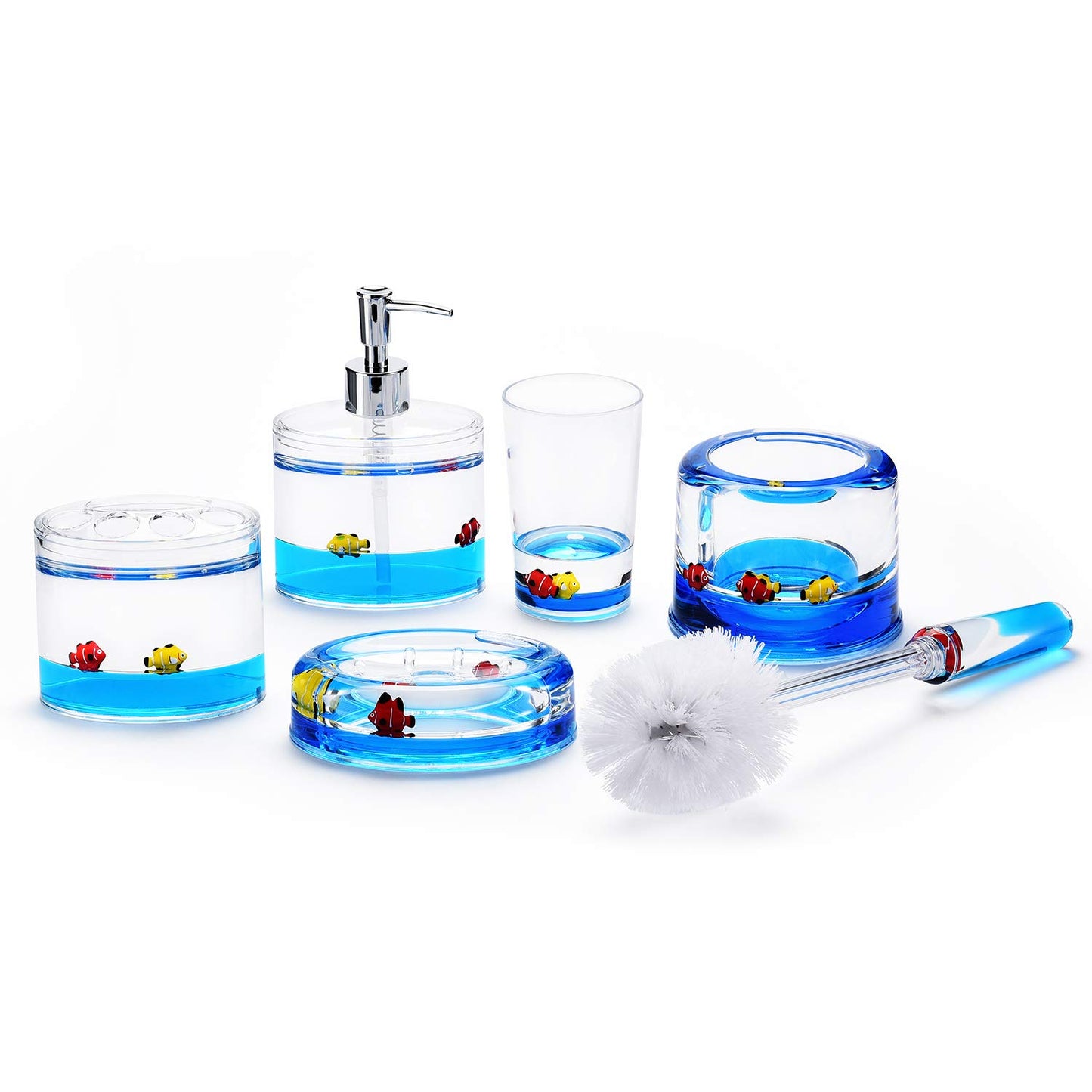 Locco Decor 5 Piece Acrylic Liquid 3D Floating Motion Bathroom Vanity Accessory Set Ocean Cartoon Animal Theme Nimo Fish Toothbrush Holder, Tumbler, Soap Dispenser, Soap Dish, Toiletbrush Holder Set