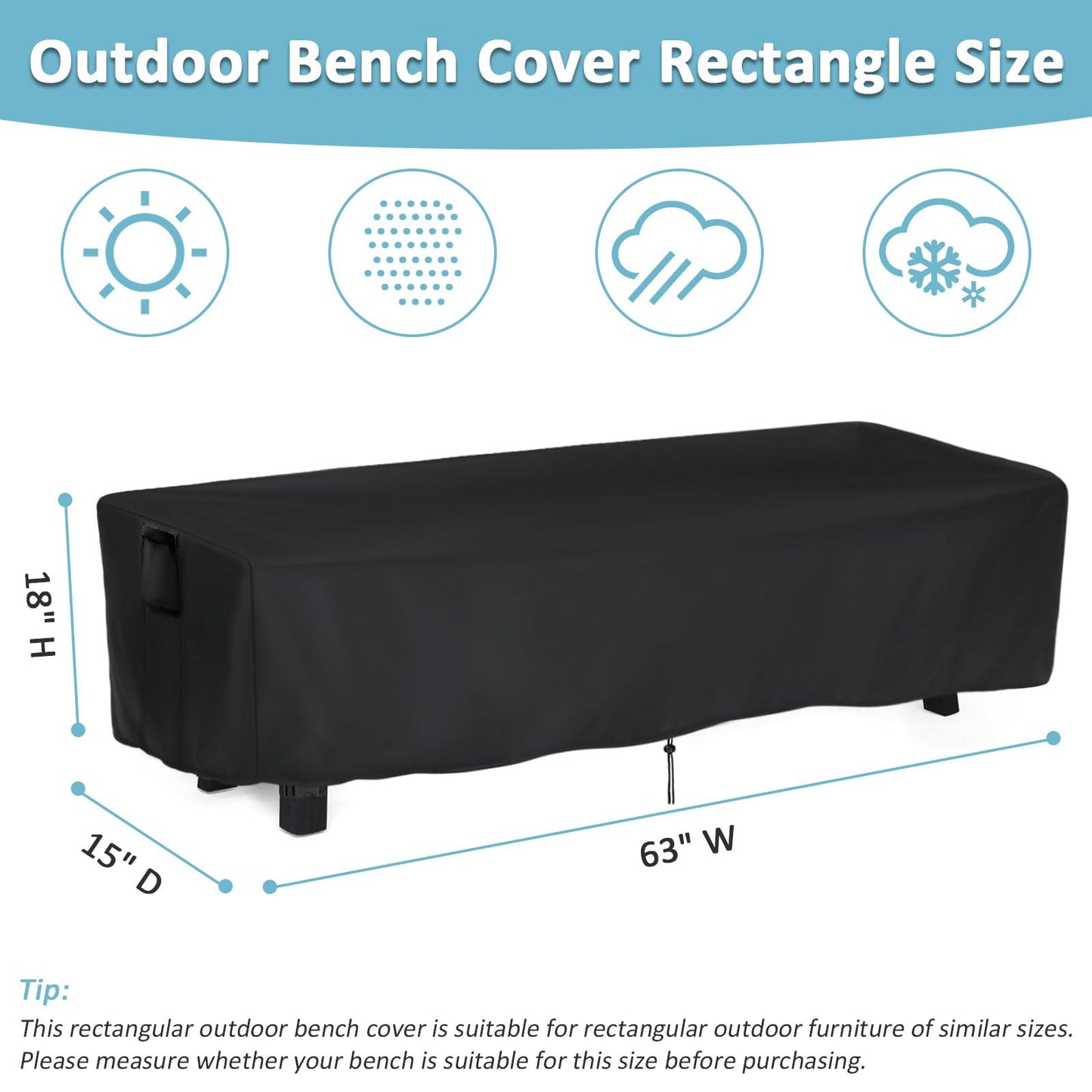Kingling Outdoor Bench Cover Rectangle, Wood Bench Cover Waterproof Patio Bench Covers for Outdoor Furniture Long Chair Covers, 63" W x 15" D x 18" H