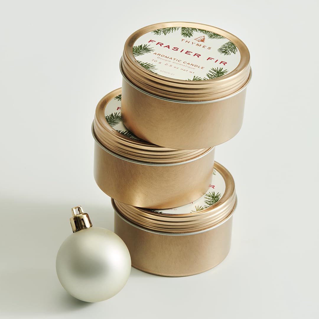 Thymes Travel Tin Holiday Candles - Scented Candles for Home Decor - Winter Scents - Luxury Home Fragrance Gifts for Women & Men - Gold (Frasier Fir, 2.5 oz)