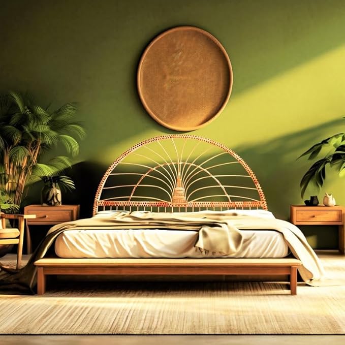 Boho Rattan Headboard - Handwoven Wicker & Solid Wood Frame - Queen/King/Full/Double Size Bed Headboard