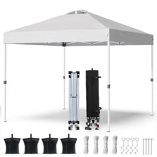 PHONWHON Shades 10x10 Pop Up Canopy with One Push Setup,Heavy Duty Beach Tent with Wheels for Easy Moving, Sun Shelter for Parties,Events, Outdoor Gazebo with 420D Coated Waterproof White Fabric