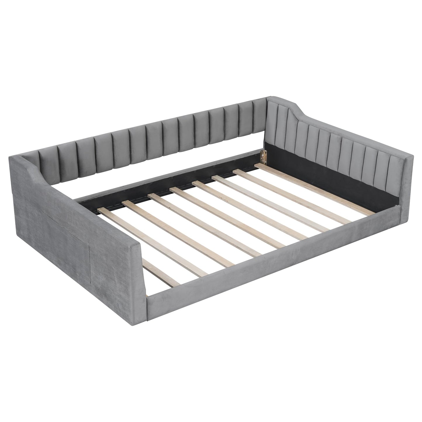 Ball & Cast Full XL Size Daybed, Upholstery Day Bed Frame with Channel Tufted Backrest and Armrest, Floor Bed with Side Pockets,Solid Wood Slat Support, No Box Spring Needed,Gray