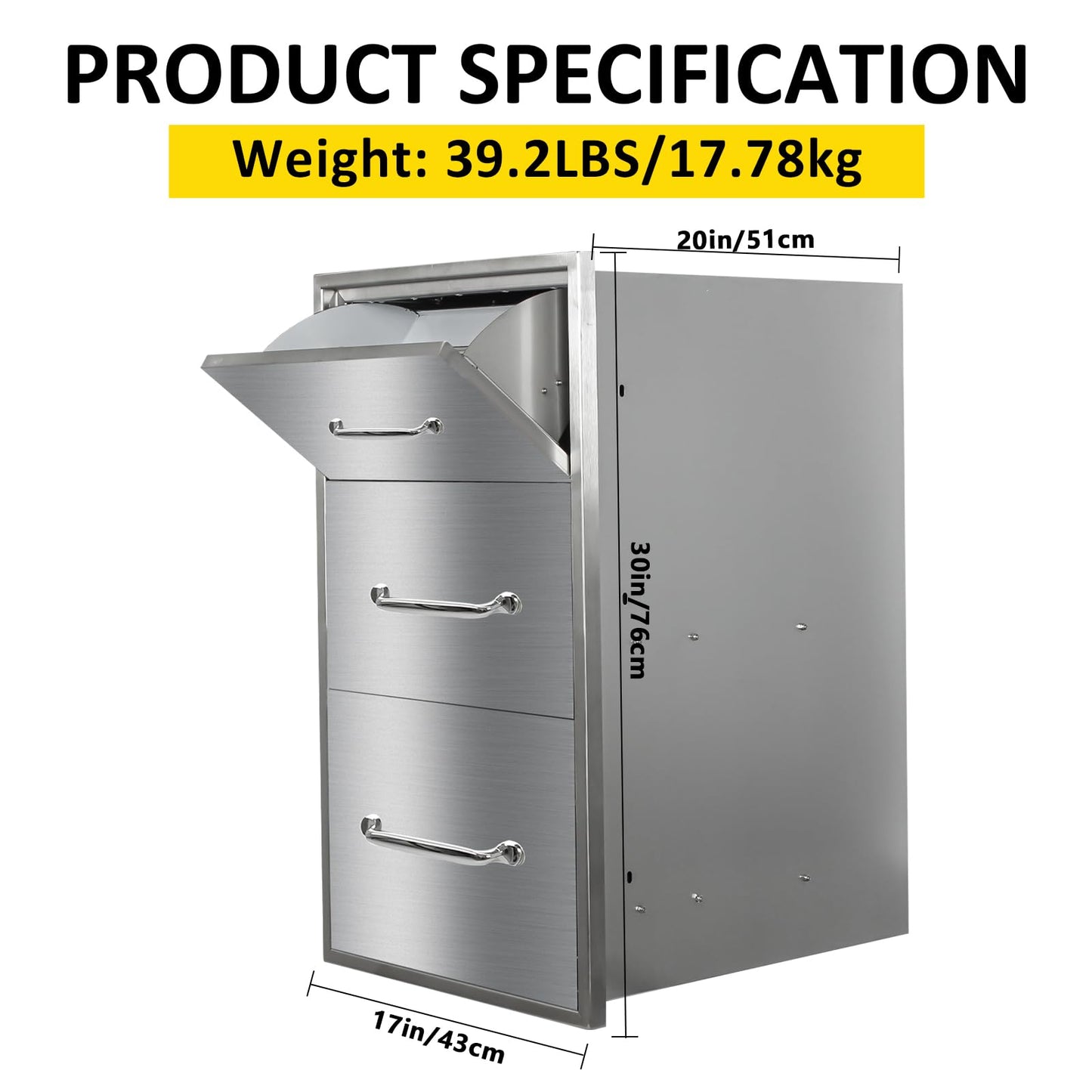 Outdoor Kitchen Drawers with Paper Towel Holder 17" W x 30"H Flush Mount BBQ Drawers with Chrome Handle,Stainless Steel Built-in Triple Access Drawers for Outdoor Kitchen Island, Patio Grill Station