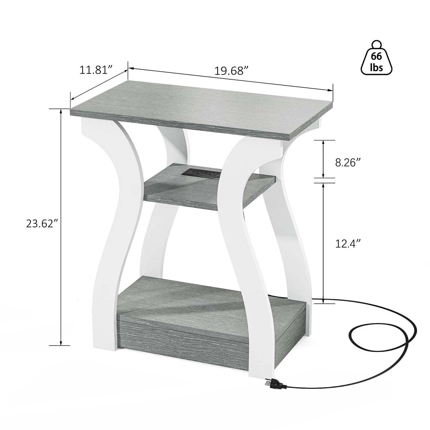 FROMJBEST End Tables Living Room Set of 2,Grey End Table with Charging Station,Grey Side Table, Nightstand for Bedroom, 3 Tier End Table with Storage Shelf for Living Room