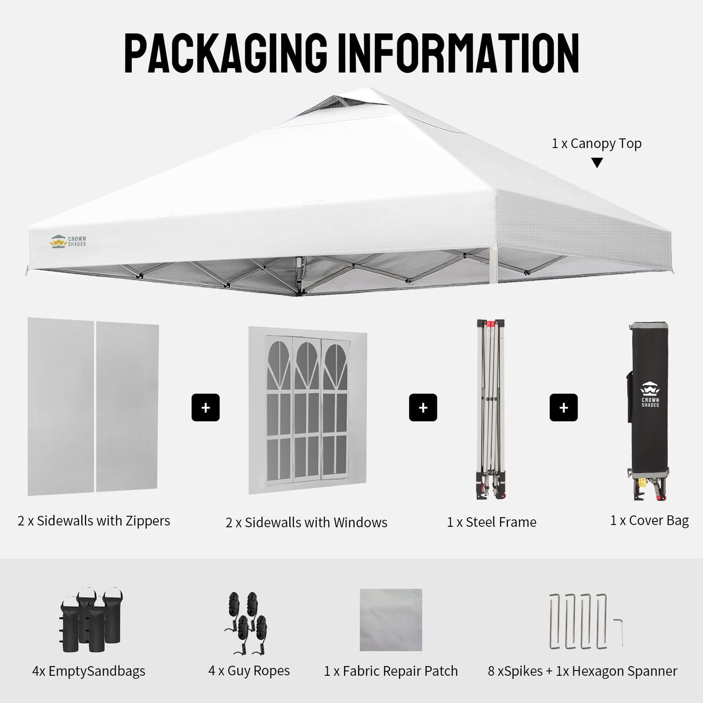 CROWN SHADES 10X10 Pop Up Canopy, Outdoor Camping Canopy Tent, 150D Silver-Coated Fabric, with 4 Sidewalls, 4 Sand Bags, Metal Frame, White