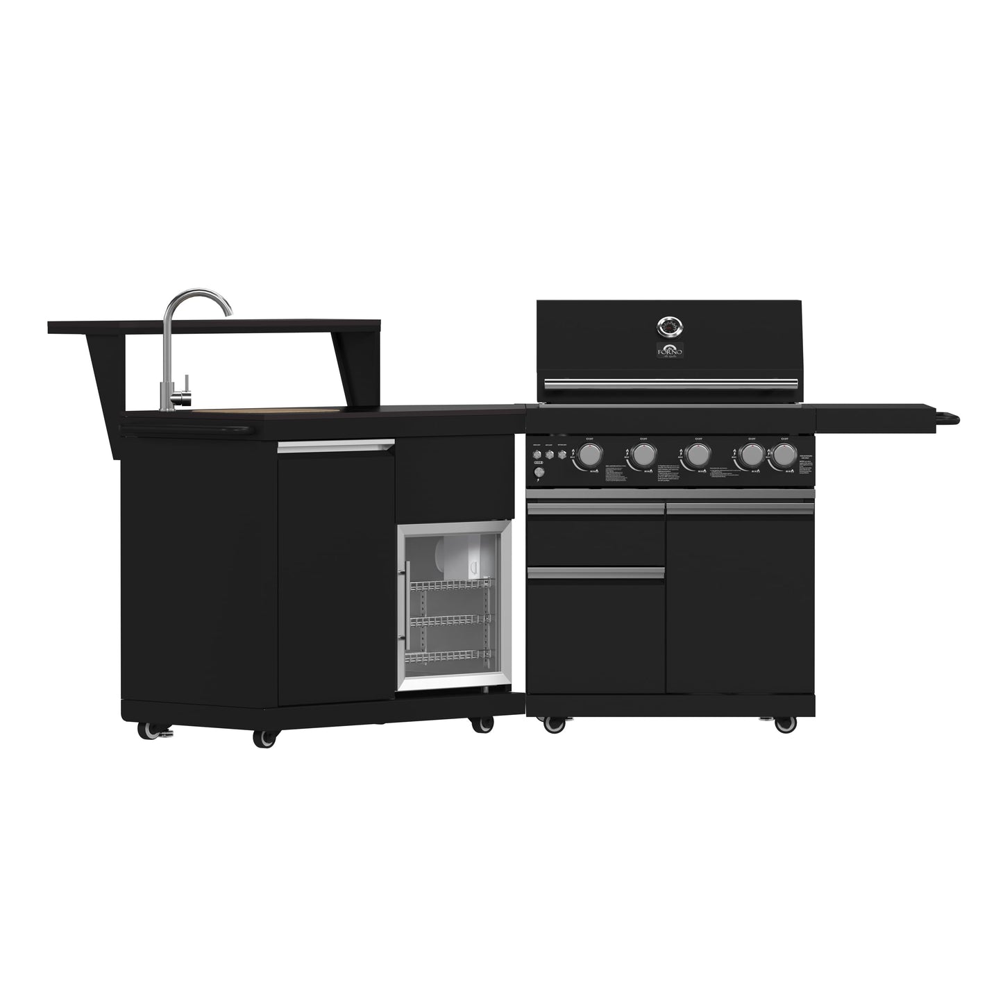 Forno All’Aperto 62,600 BTU Outdoor BBQ Grill Station w/ 3 Stainless Steel Burners, Infrared Burners, Sink Module, Black Sintered Stone Countertops, Rotisserie Kit, Bar & Beverage Center - Black