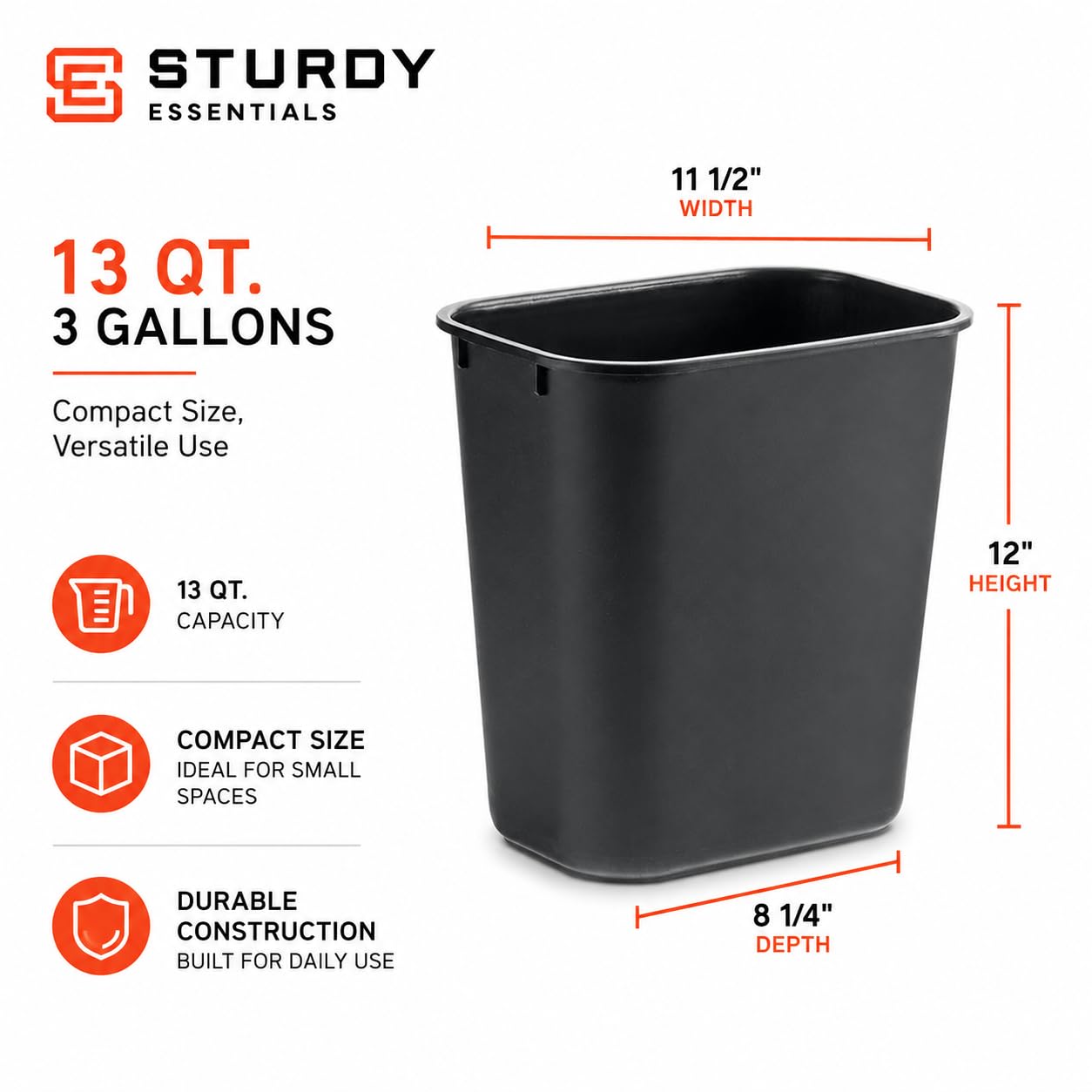 3.5 Gallon Black Wastebasket Under Desk Plastic Trash Can | 5 PACK