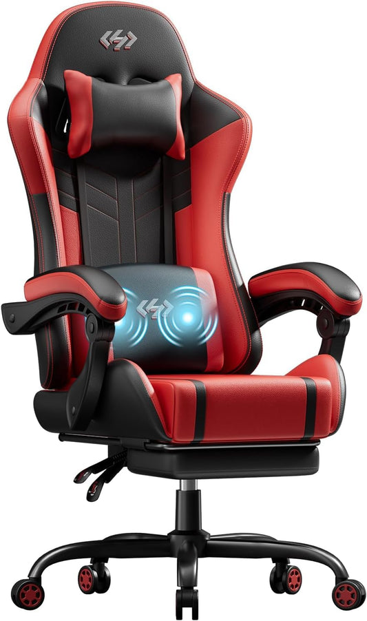 HLDIRECT High Back Gaming Chair, USB Massage Lumbar Support, Black&Red