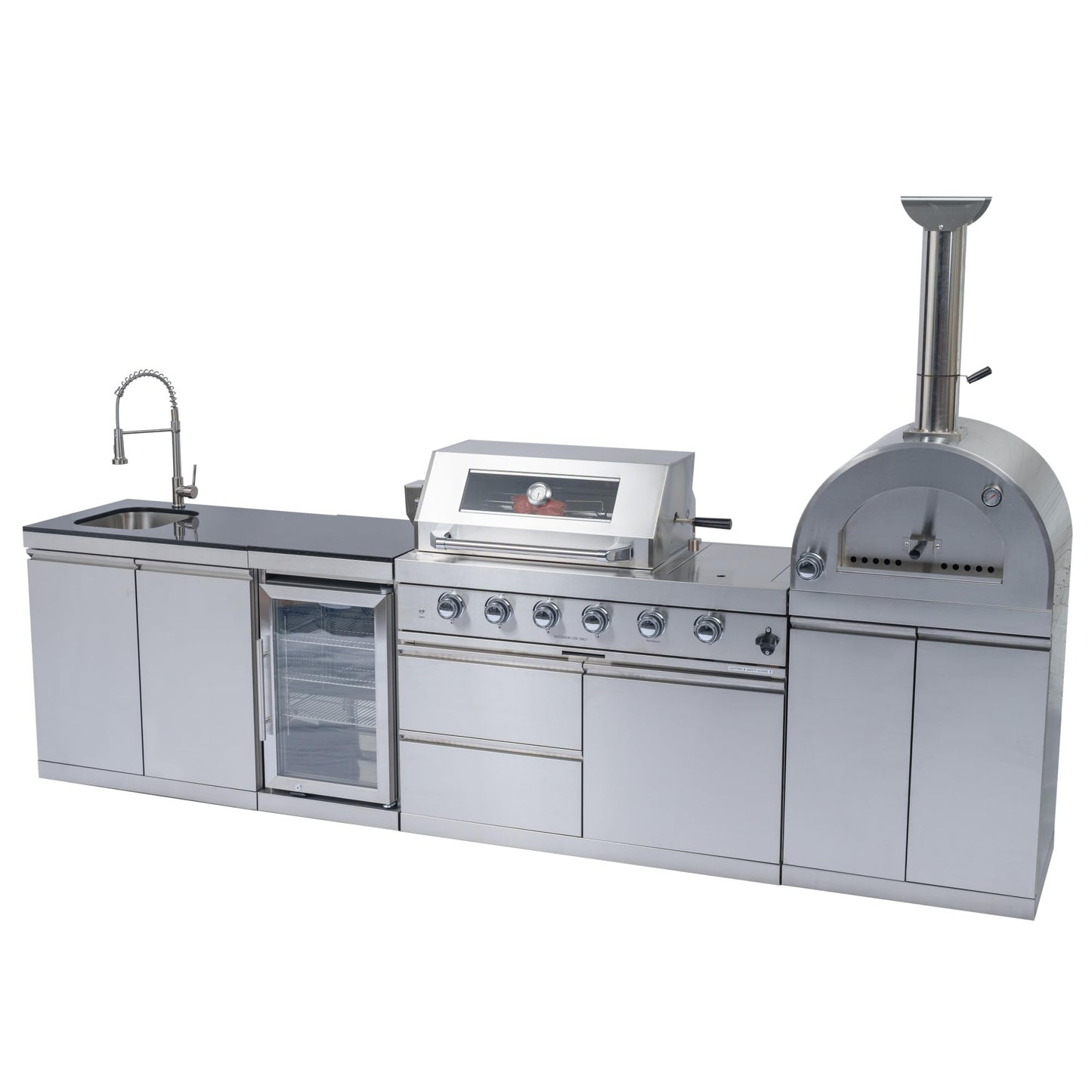 Outdoor Kitchen Island Gas Grill Pizza Oven Refrigerator Granite Countertop Sink Faucet Storage Cabinets Drawers Stainless Steel Barbecue Station Infrared Burner Side Range Warming Rack Gauge (Silver)