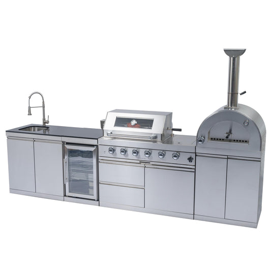 Outdoor Kitchen Island Gas Grill Pizza Oven Refrigerator Granite Countertop Sink Faucet Storage Cabinets Drawers Stainless Steel Barbecue Station Infrared Burner Side Range Warming Rack Gauge (Silver)