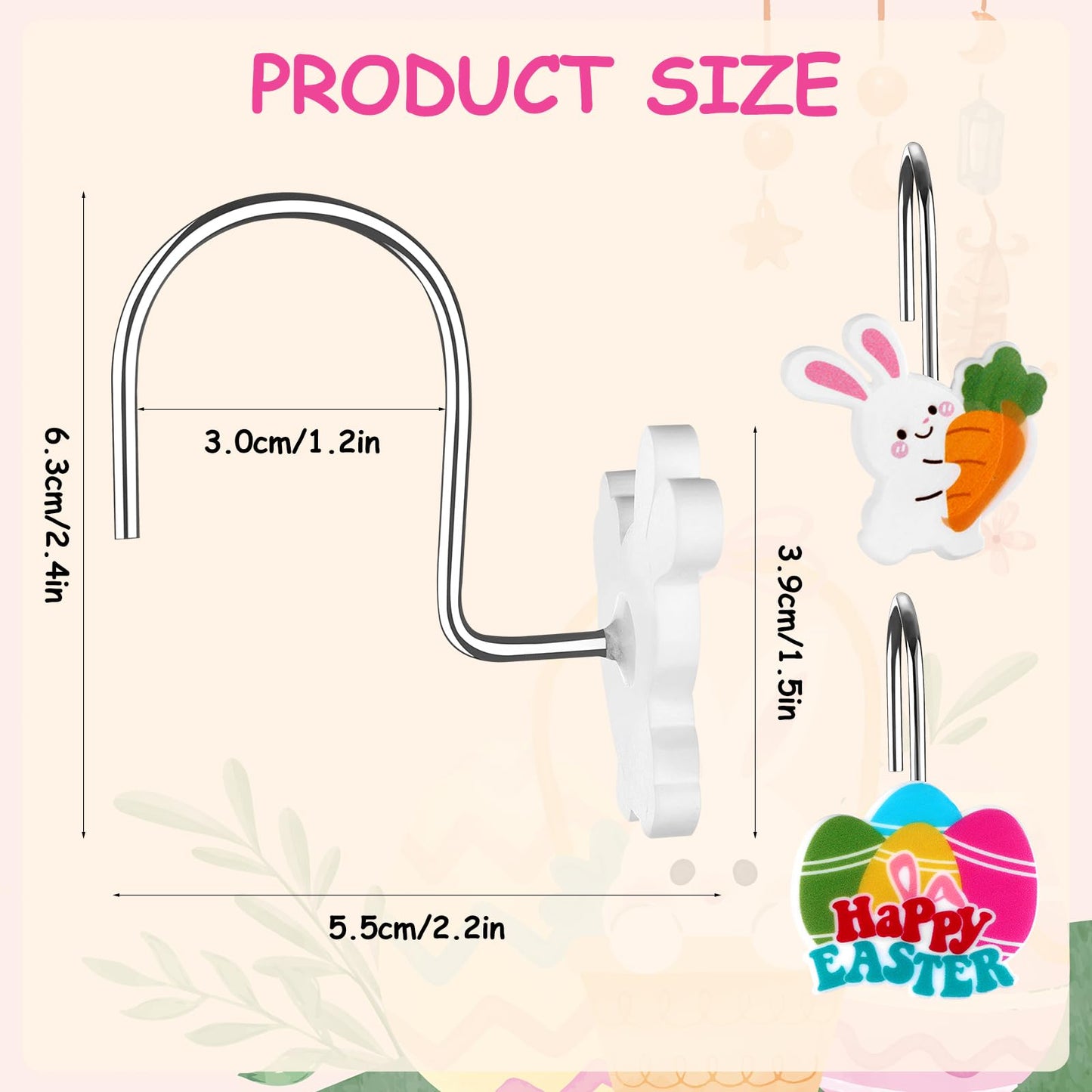 Haiabei 12Pcs Shower Curtain Hooks Hangers Decorative Metal Rustproof Bathroom Room Pendants Decor Accessories with Bunny Happy Carrot Flower Chick Rabbit Stainless Curtains Rings