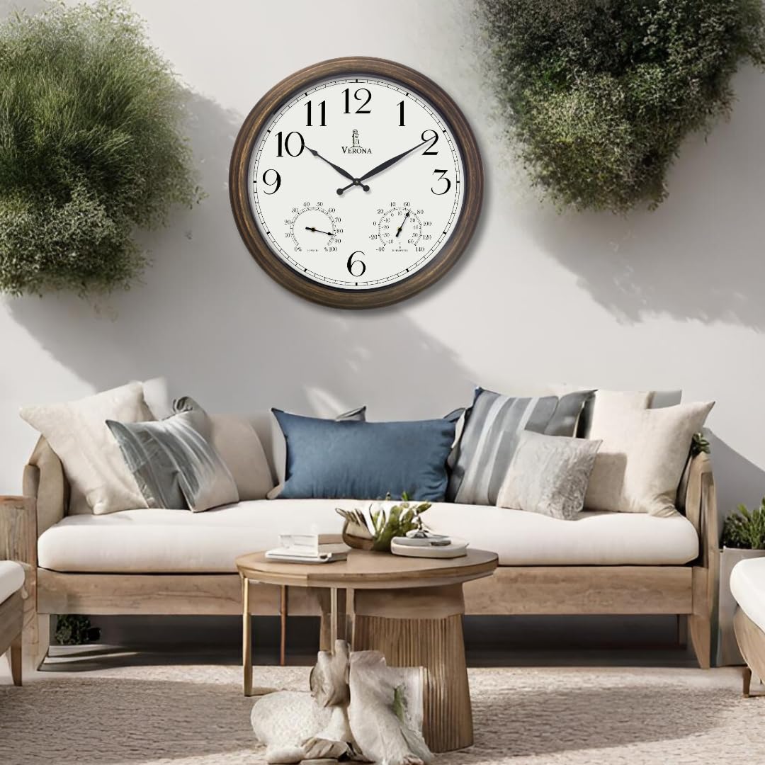 Large Outdoor Patio Clock - Waterproof Thermometer Combo, 24 Inch, Bronze