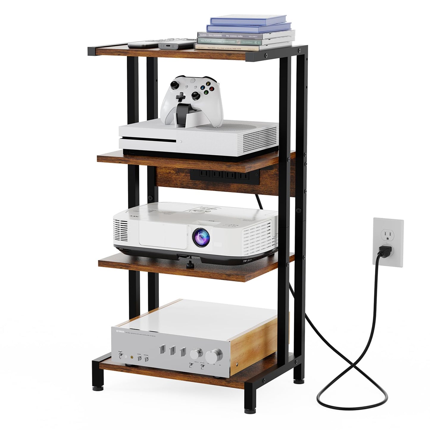X-cosrack 16.5" Game Console Shelf, Small 4-Tier Video Gaming Consoles Stand with Outlet, Narrow Stereo Cabinet AV Media Stand, Corner Audio Rack for PS5,Xbox,Game Console,TV Box,WiFi Router