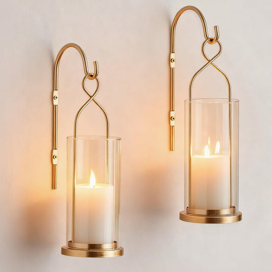 Walasis Gold Candle Sconces Set of 2, with Hurricane Glass