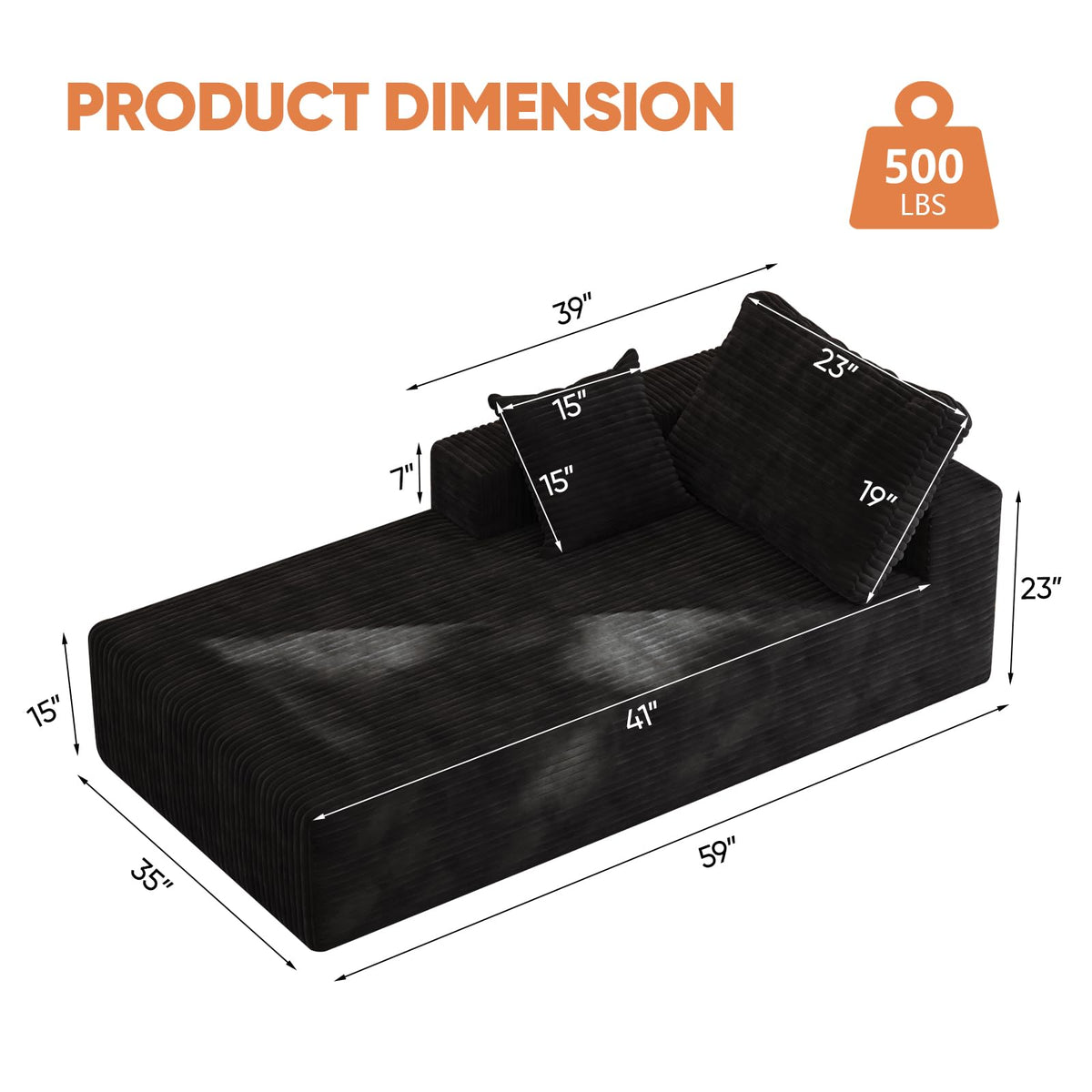 35" Sofa Bed, Boneless Cloud Couch, Rectangular Couch for Living Room, One-Piece Chaise Lounge with Pillows, Flannel Comfy Floor Sofa (Black, Vertical Left Armrest Facing Chaise)