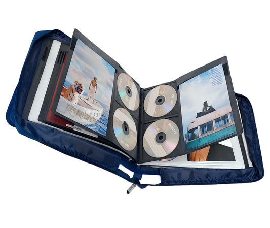 DVD CD Storage Case with Extra Wide Title Cover Pages for Blu Ray Movie Music Audio Disk (Portable Carrying Binder Holder Wallet Album Home Organizer Shelf )- Blue, 128 disk units, 64 cover pockets
