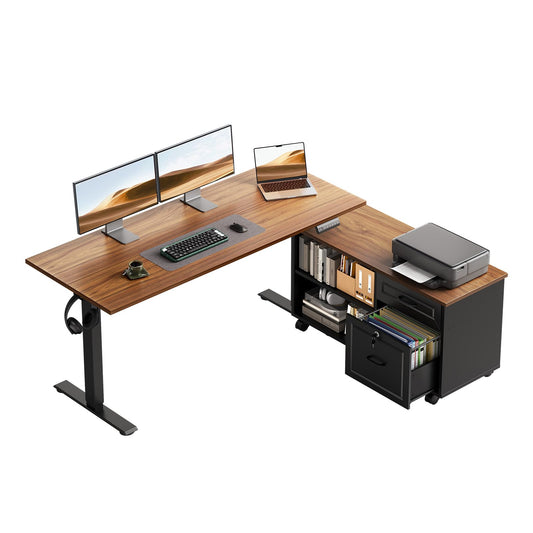 OffiGo 48 Inch L Shaped Electric Standing Desk with Drawers & File Cabinet Sets, Executive Sit Stand Desk, Height Adjustable Computer Desk for Home Office, Writing, Workstation, Walnut+Black