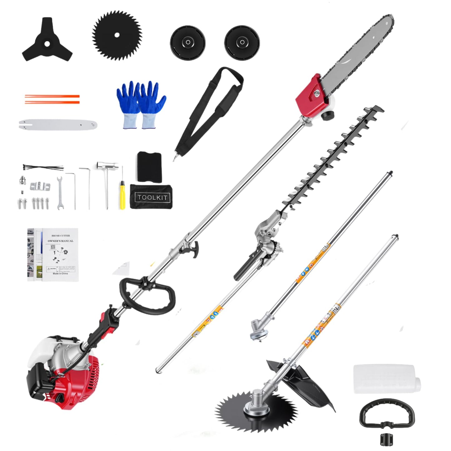 Pole Saws Gas Powered 6-in-1, 58CC 2-Cycle Powerful Gas Pole Saw Include String Trimmer Brush Cutter Pole Saw Hedge Trimmer Brush Cutter for Yard, Garden