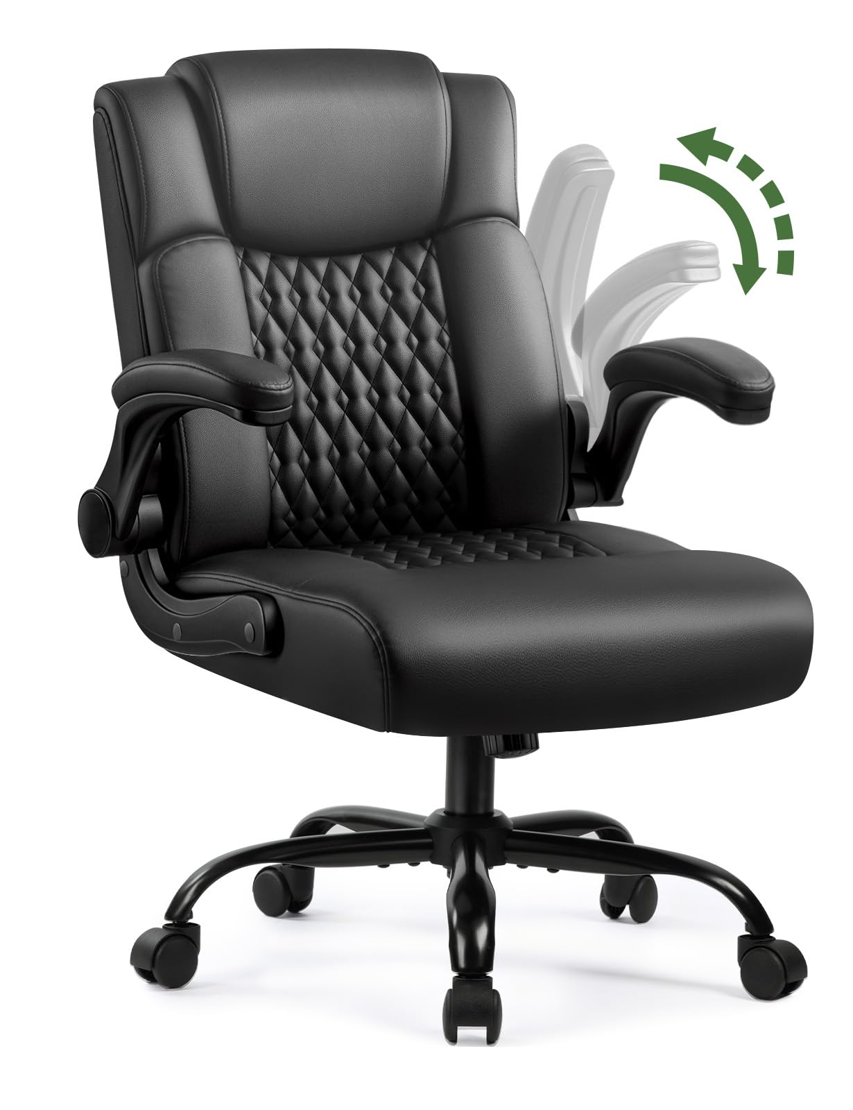 VENDORZ Executive Office Chair, Ergonomic Home Office Desk Chair with Lumbar Support & Flip-up Armrest, PU Leather Computer Seating for Short People, Black