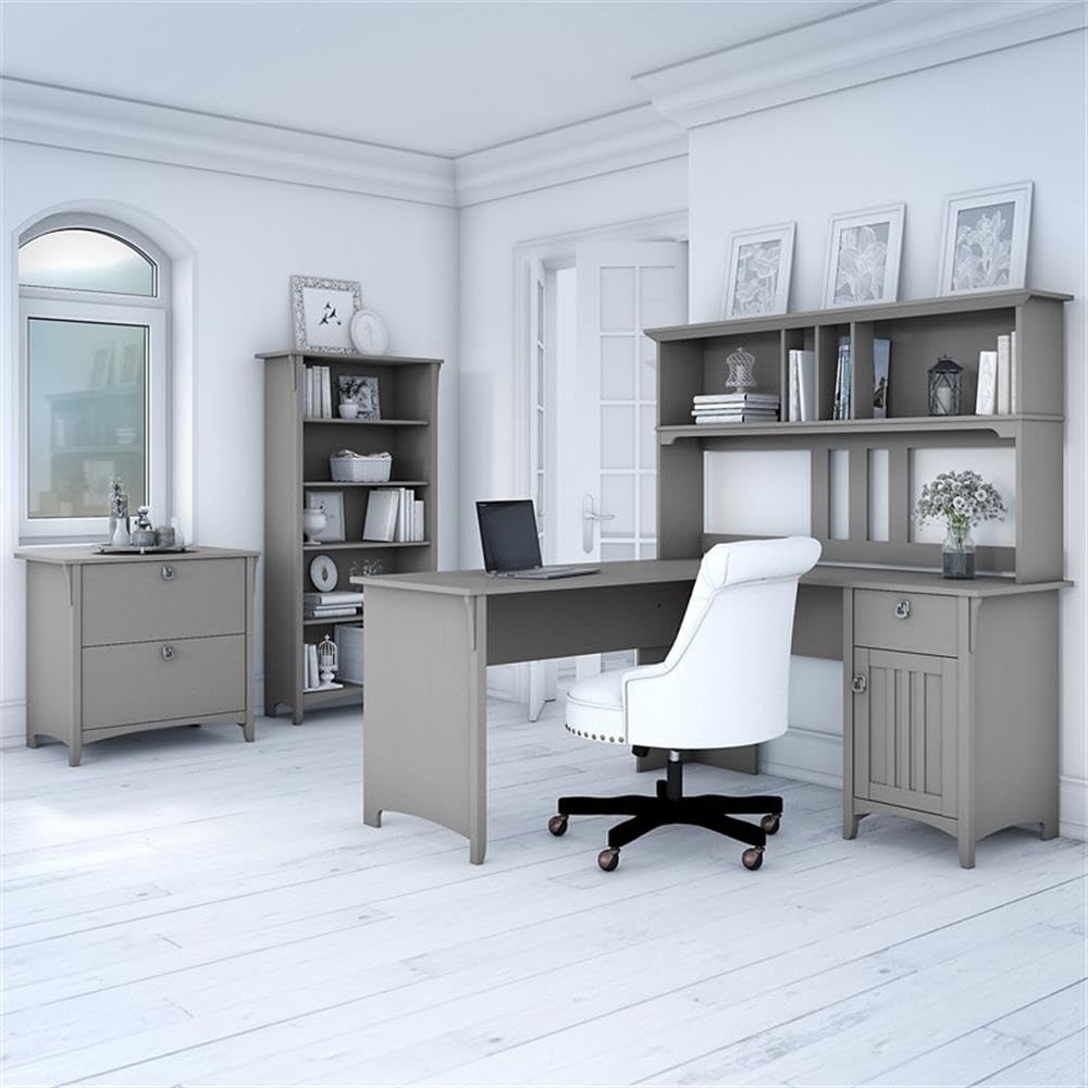 Bush Furniture Salinas L Shaped Desk with Hutch, File Cabinet and 5 Shelf Bookcase | 3 Piece Living Room Furniture Set in Cape Cod Gray | L Shaped Corner Desk with Storage