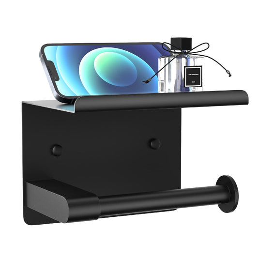 GLNLQ Matte Black Toilet Paper Holder with Shelf, Fits Mega Rolls, Rustproof Stainless Steel, Self Adhesive Wall Mount Toilet Paper Roll Holder, for Bathroom, Washroom, Kitchen, RV