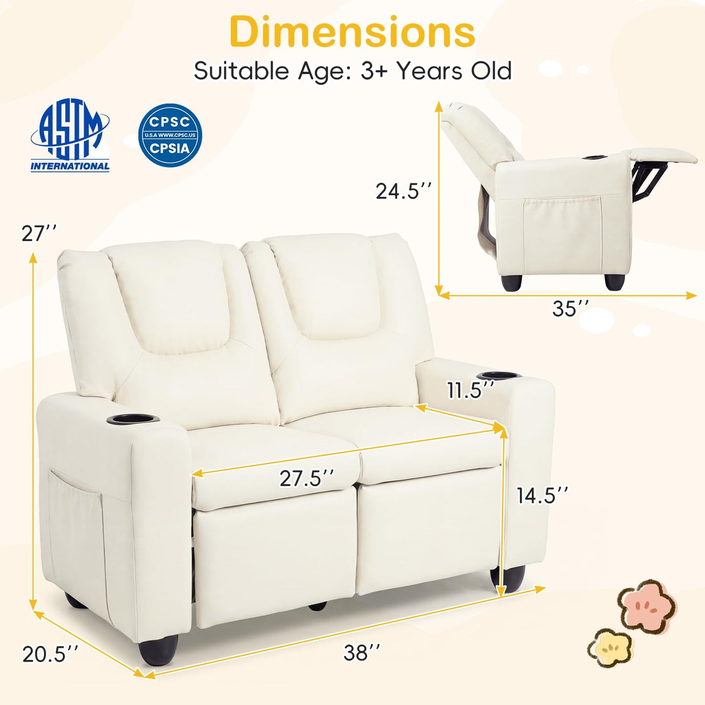Costzon 2-Seater Kids Recliner, PU Leather Kids Loveseat w/2 Cup Holders & 2 Side Storage Pockets, Toddler Lounge Sofa Chair Couch w/Adjustable Backrest & Footrest for Girls & Boys 3+ Years Old Gifts