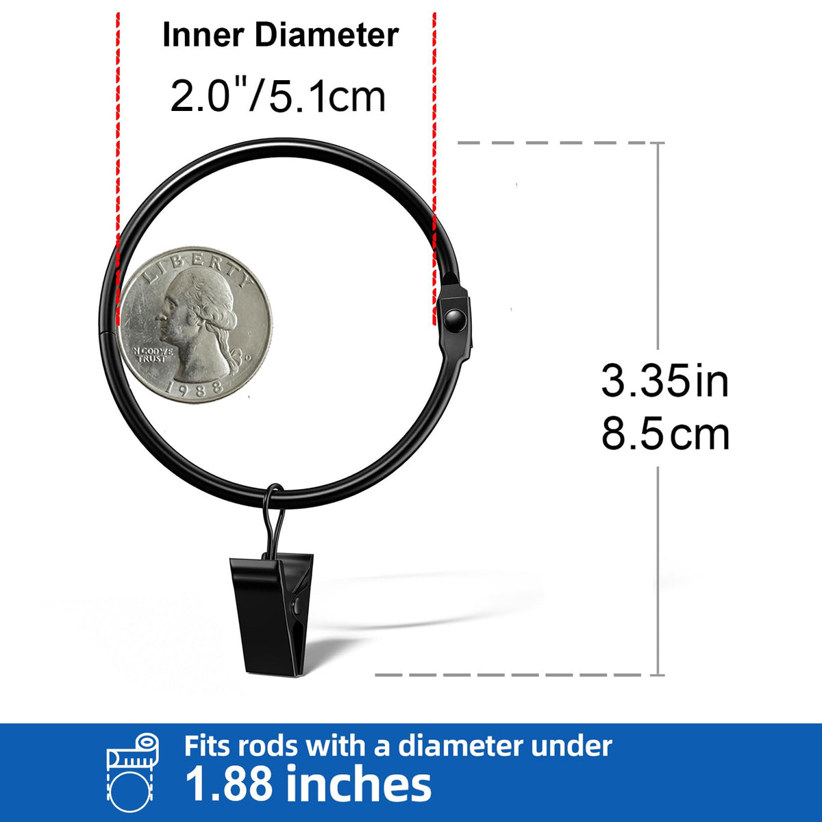 Ginbel Direct 24 Pack 2 Inches Openable Curtain Rings with Clips