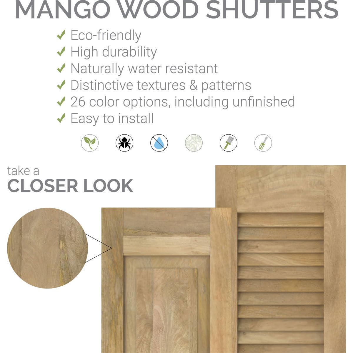 12"W x 35"H Americraft Two Equal Louver Exterior Real Wood Shutters (Per Pair), Unfinished