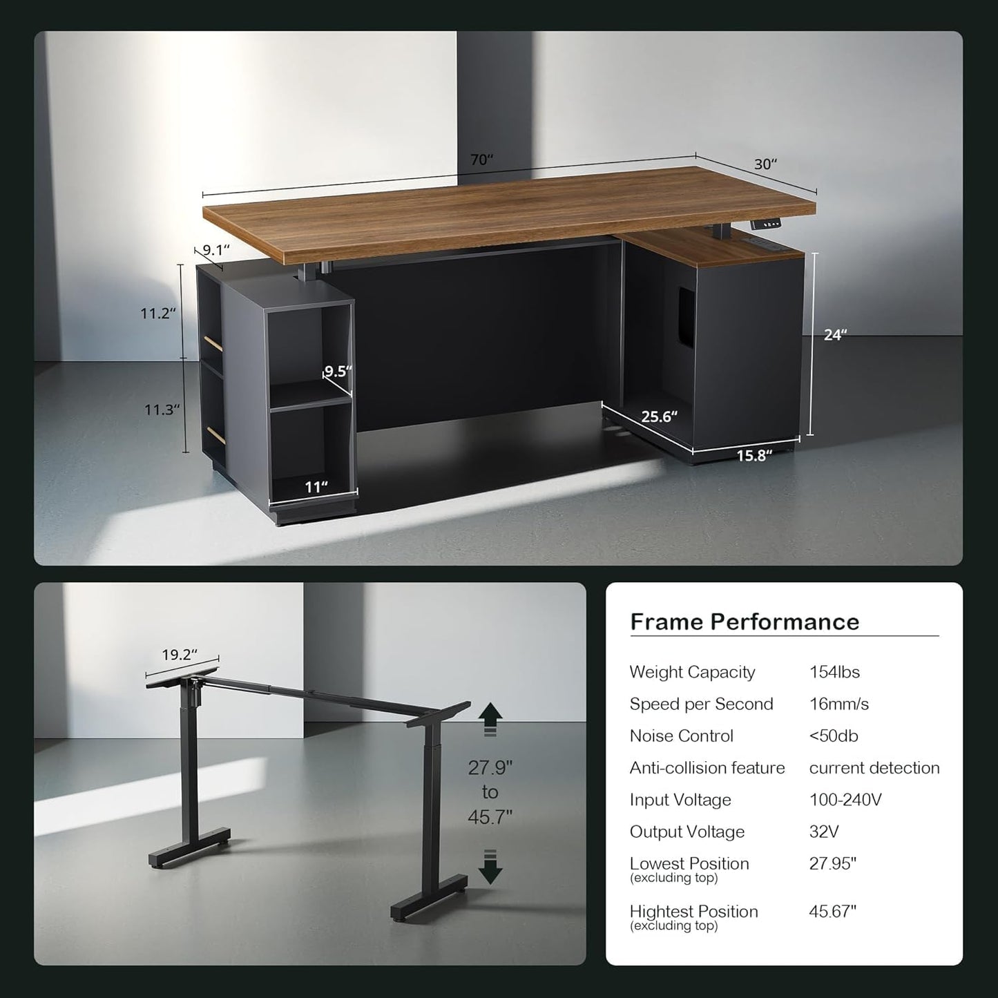 ModernMate 71'' Electric Standing Desk, 72.8'' Executive Office Desk Furniture Set with Hutch, Home Office Large One-Piece Desktop Privacy Panel, Charging Station, File Cabinet, Black Walnut