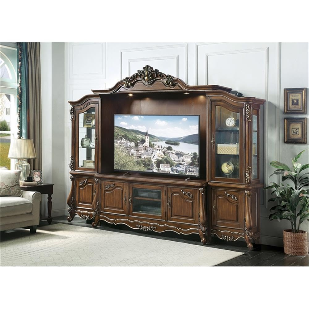 BOWERY HILL Transitional Wooden Entertainment Center, Antique Oak Finish, 121 in W x 23 in D x 96 in H, Poplar Wood MDF Veneer Resin Tempered Glass, Touch Light, Cord Management, Spacious Living Room