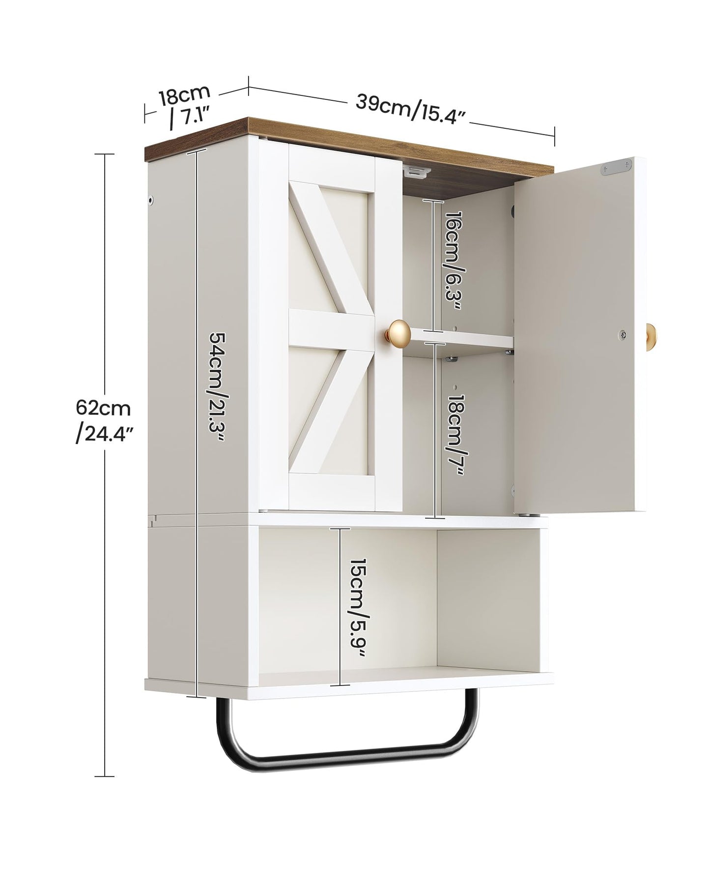 CHOEZON Bathroom Wall Cabinet, Medicine Cabinet with Open Partition and Towel Bar, Rustic Storage Cabinet with Open and Hidden Storage Space, for Bathroom, Living Room, Kitchen, White and Walnut