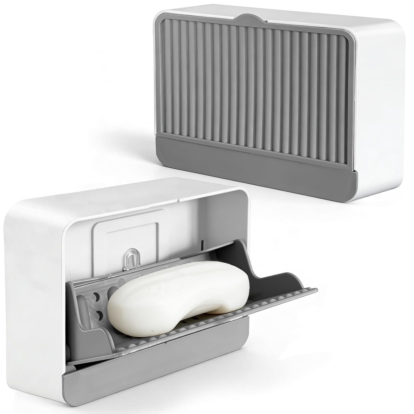 Strong Suction Cup Wall-Mounted Soap Dish Holder, 2-Layer Draining Tray with Removable Container, Keeps Soap Dry for Bathroom, Shower, Sink, Kitchen- Space Saver (Grey-Single Compartment)