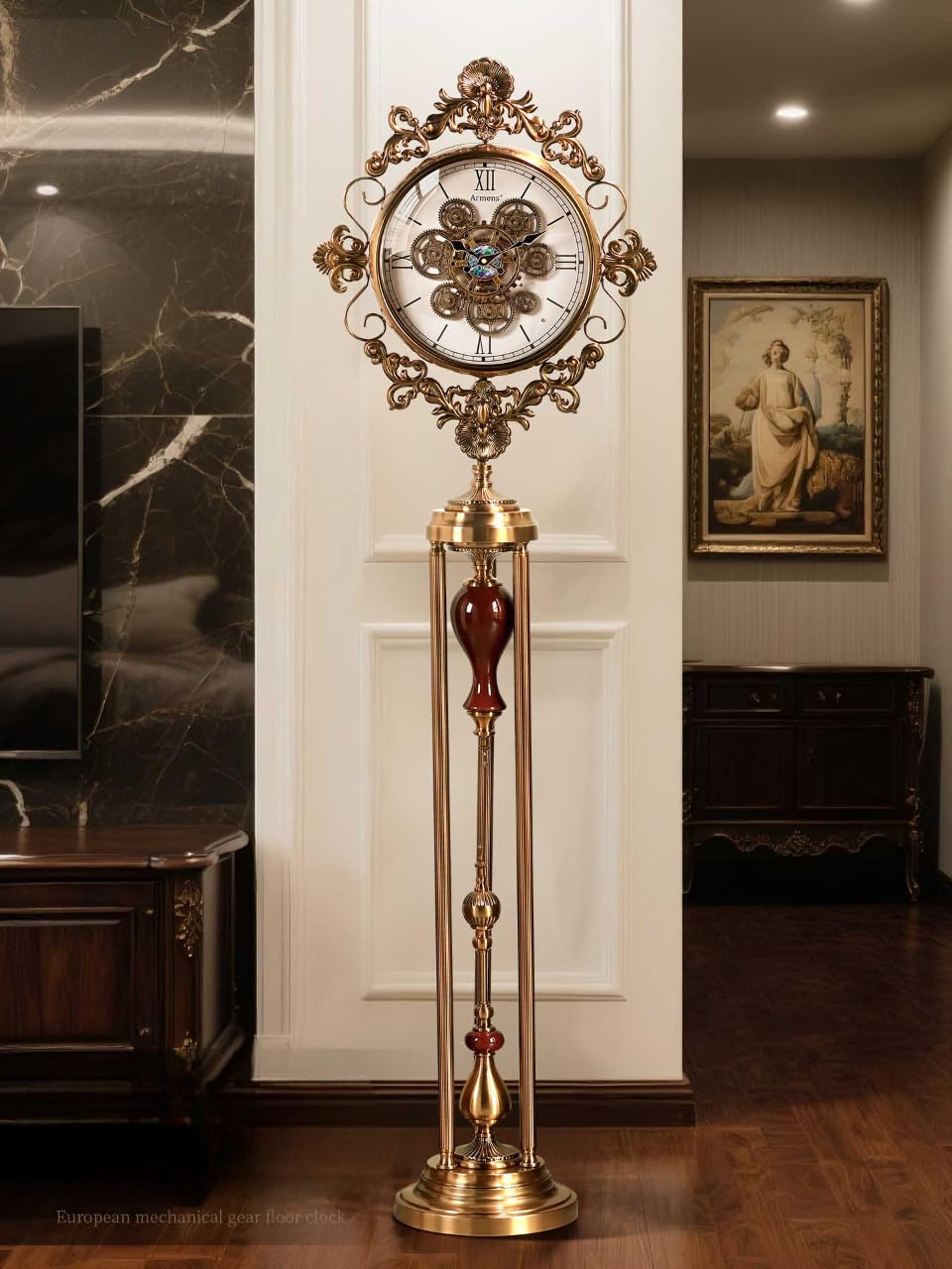 interoknack Vintage Grandfather Standing Clock – High-End Shell & Gear Floor Clock, Living Room Statement