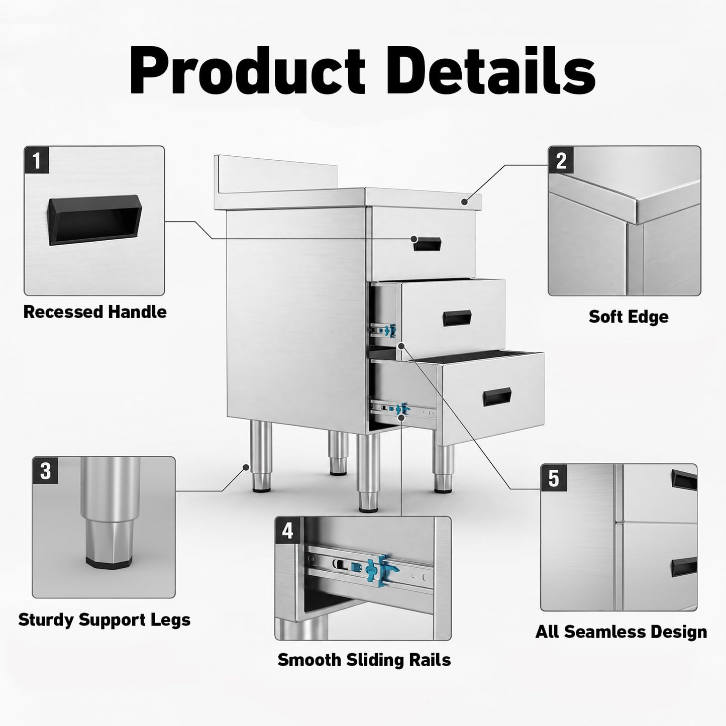 NUWJBYE Stainless Steel Outdoor Drawer Cabinet, 3 Drawers, 20.9" x 19.7" x 35.4" Heavy Duty Kitchen Cabinet for Outdoor Grill Station, BBQ Island, Commercial Prep Table, Garage Storage