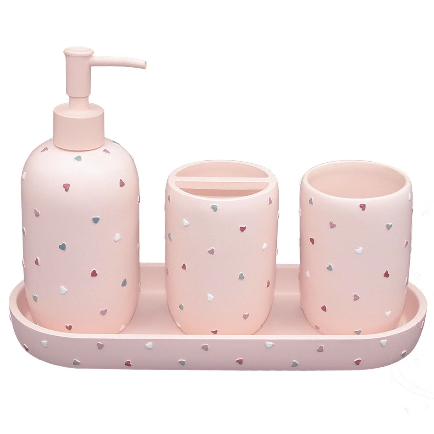 Bathroom Accessories Sets 4-Piece, Premium Pastel Heart Bathroom Accessory Complete Set - Toothbrush Holder, Lotion Soap Dispenser, Vanity Tray, Bathroom Tumbler for Countertop Vanity (Pink)