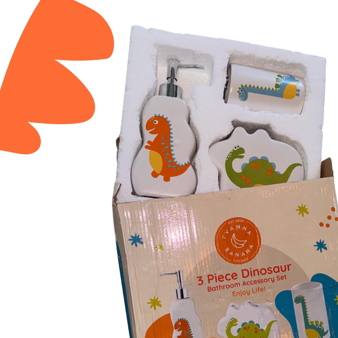 Ivanna Banana Kids Dinosaur Bathroom Set – 3-Piece Fun Bathroom Accessories for Kids, Including Toothbrush Holder, Soap Dispenser, and Cup – Adorable Dinosaur Décor for a Playful Bathroom.