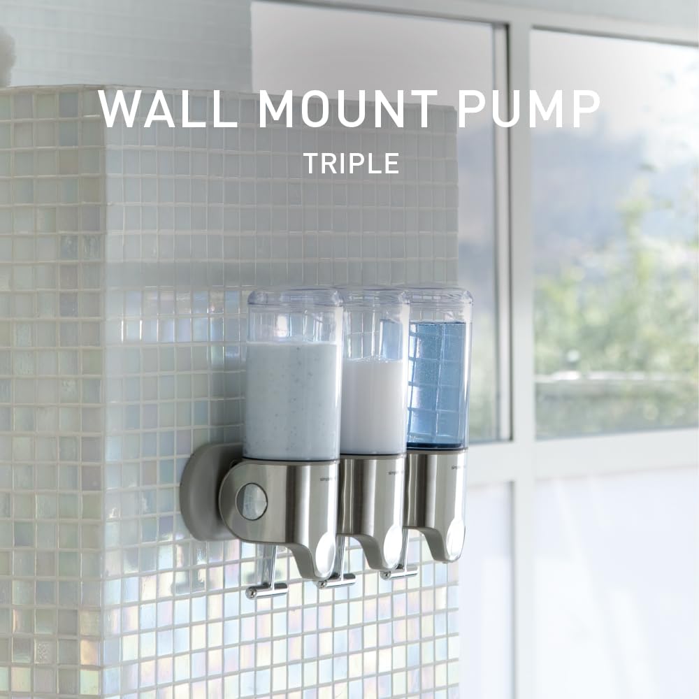 simplehuman Triple Wall Mount Pumps, Hotel-Grade Refillable 3-Chamber Shampoo Conditioner Body Wash Shower Dispenser, T-Bar Lever, No-Drill Install, for Bathrooms, Hotels, and Airbnbs, Stainless Steel