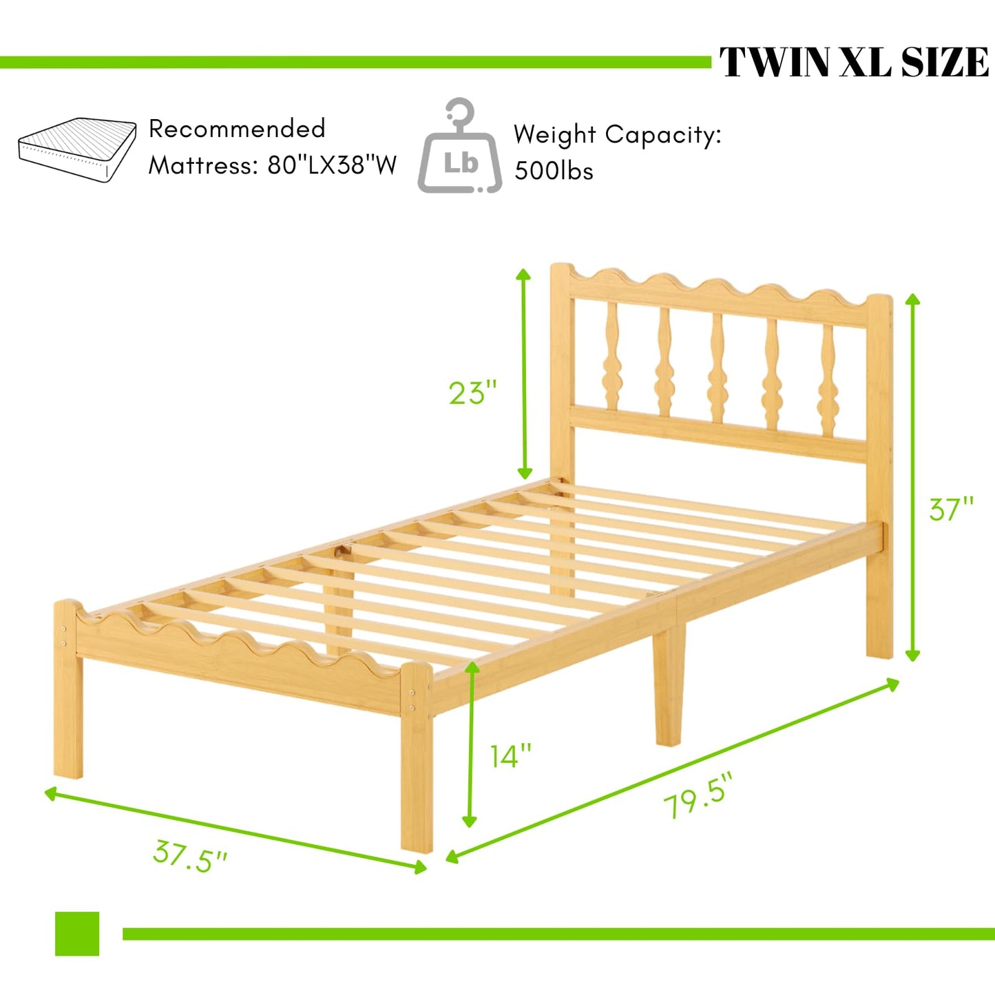 Bednowitz Bamboo Twin XL Bed Frame with Headboard, 14 inch Solid Wood Platform Bed Frames Twin XL Size with Metal Slats, No Box Spring Needed, Easy Assembly, Noise Free