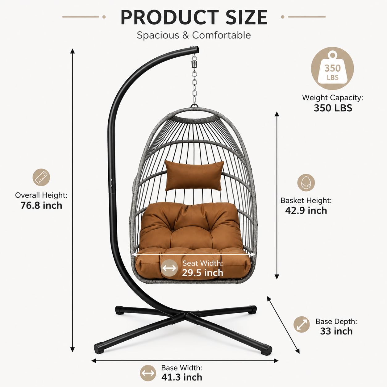 UELKS Egg Swing Chair with Stand, Indoor Outdoor Hanging Egg Chair with Thickened Metal Frame and Cushion, Foldable Patio Wicker Swinging Hammock Chair for Bedroom, Porch, Garden, Balcony