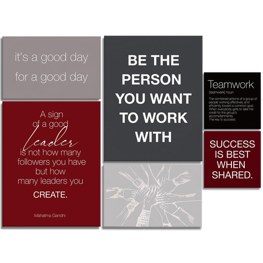 YEOION Red Grey Black Motivational Teamwork Office Wall Decor,Inspirational Team Work Wall Art Canvas Frame Artwork for Office Workplace Breakroom Wall Decor Set of 6