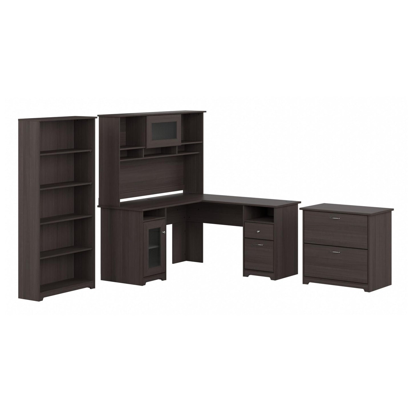 Bush Furniture L Shaped Desk with Hutch, 5 Shelf Bookcase and Lateral File Cabinet | Cabot Collection Corner Computer Table with Storage and Bookshelf
