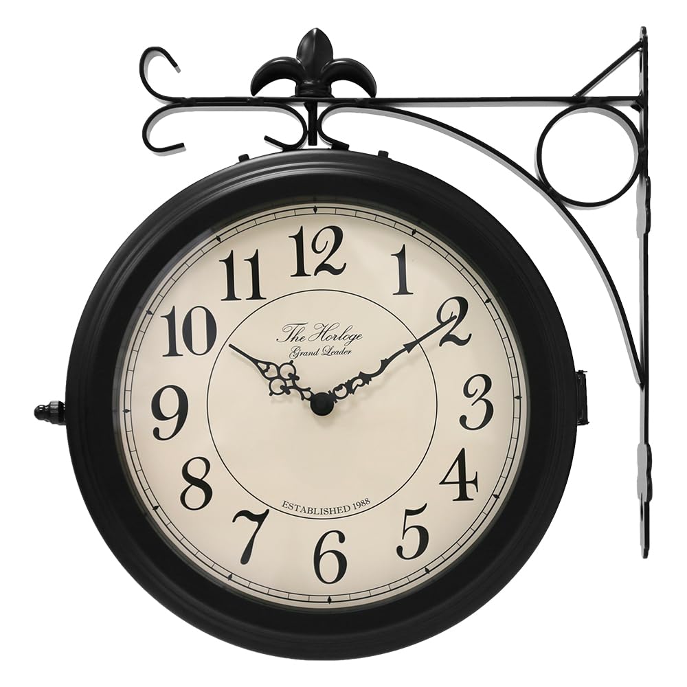 BESTIME 66276B Double Sided Metal Wall Clock with Black Frame.Dial: 10-Inch,Quiet,Easy Read,Retro Station,Antique Hanging Clocks for Garden,Home Decor,Indoor,Outdoor,Living Room.
