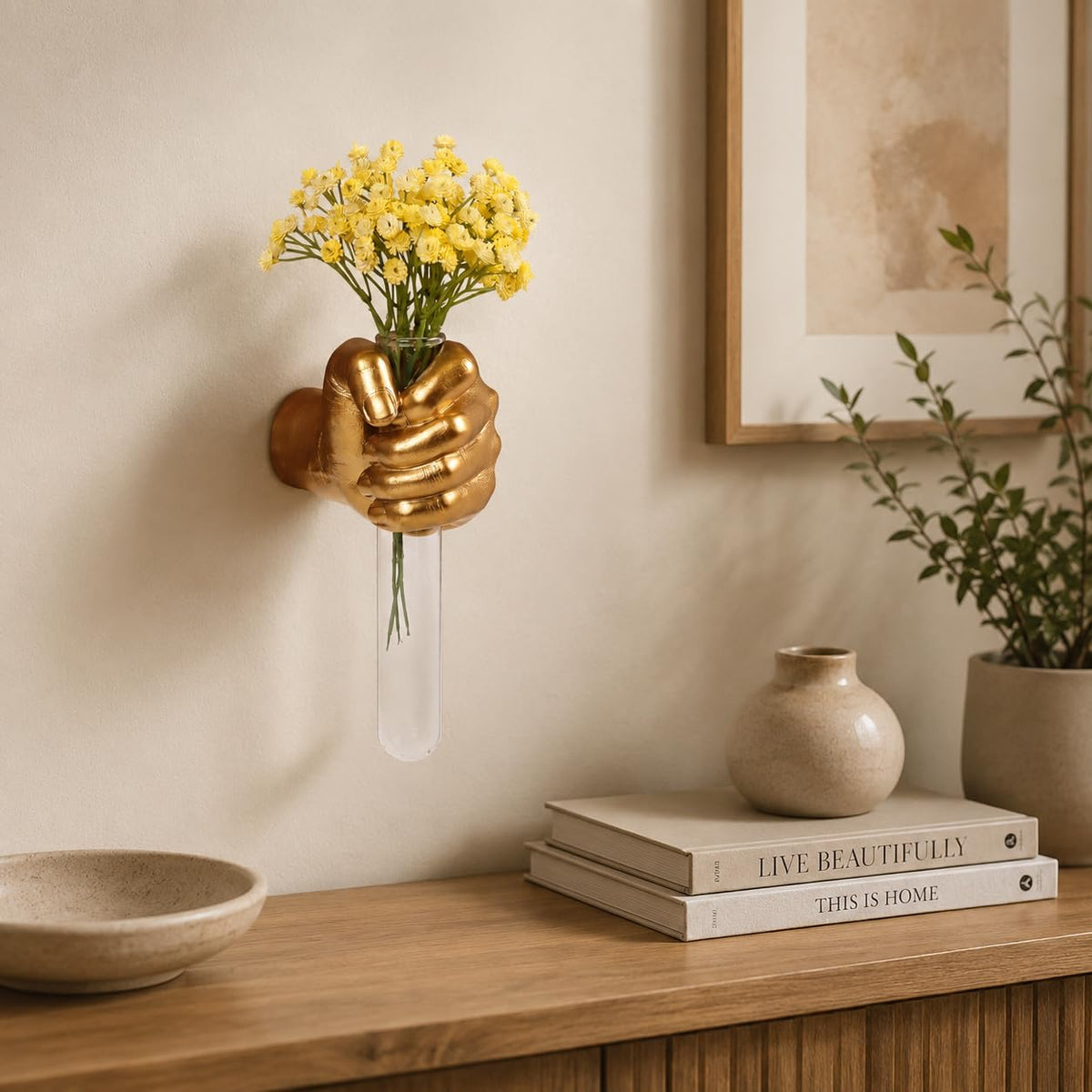 XYQXYQ Gold Wall Sculptures, Hand Vases Home Decor, Wall Mount Art Sculpture, Unique Wall Art Statue, Funky Flower Vase Decorations, Modern Eclectic Hanging Decor,Glass Test Tube Vase