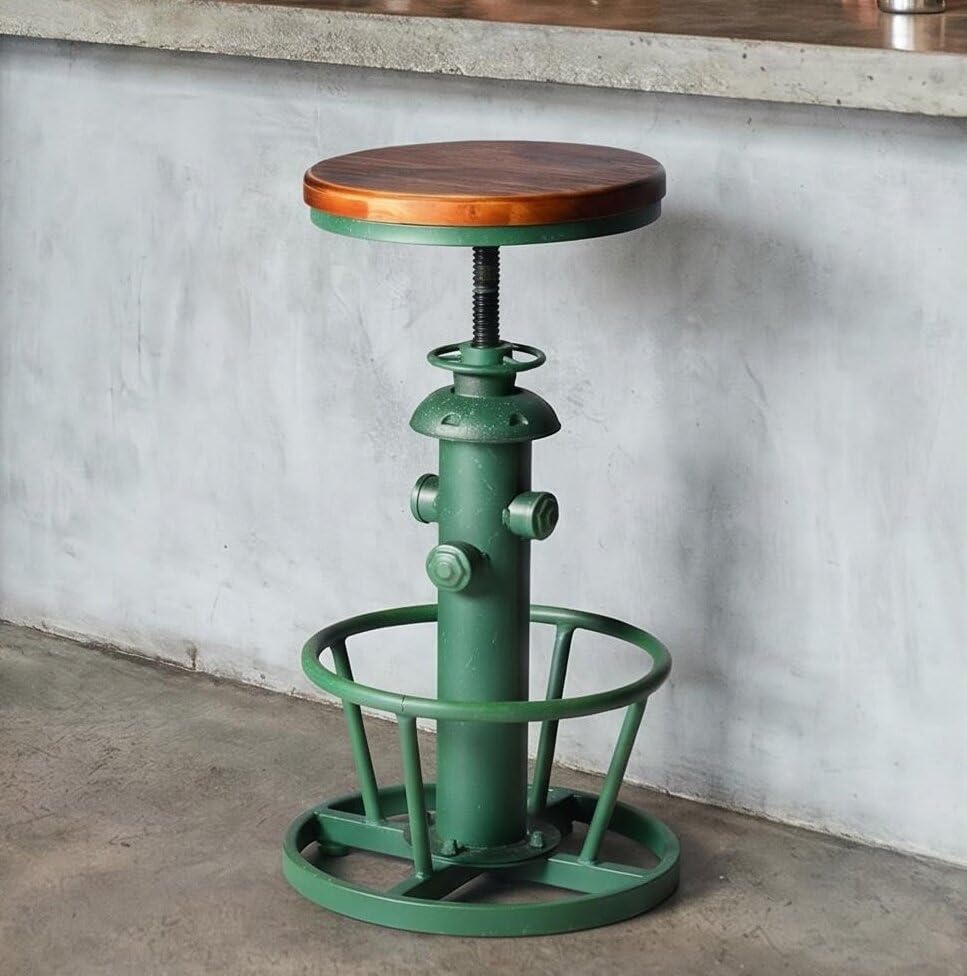 Topower Vintage adged Green Fire Hydrant Bar Stool, Solid Wood Seat, Industrial Bar Chair for Home Cafe Pub