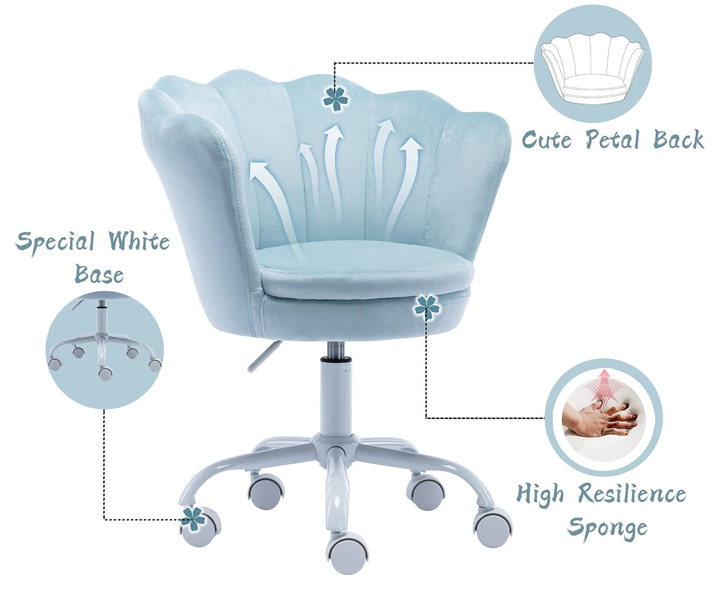 chairus Cute Kids Desk Chair Velvet Living Room Accent Armchair Upholstered Teens Vanity Chair with Seashell Back, Adjustable Swivel Children Study Chair for Computer Homework, Blue