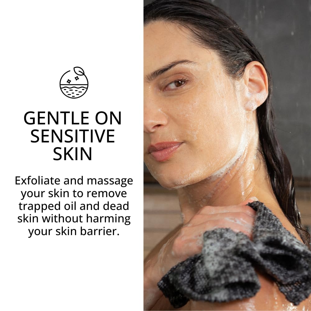 Sima Brand Exfoliating Washcloth Face & Body Scrub Towel - Japanese Exfoliating Towel with Hexagon Fibers, Body Scrubber with 2 Sides for Scrubbing & Washing, Extra Long Body Towels (Black)