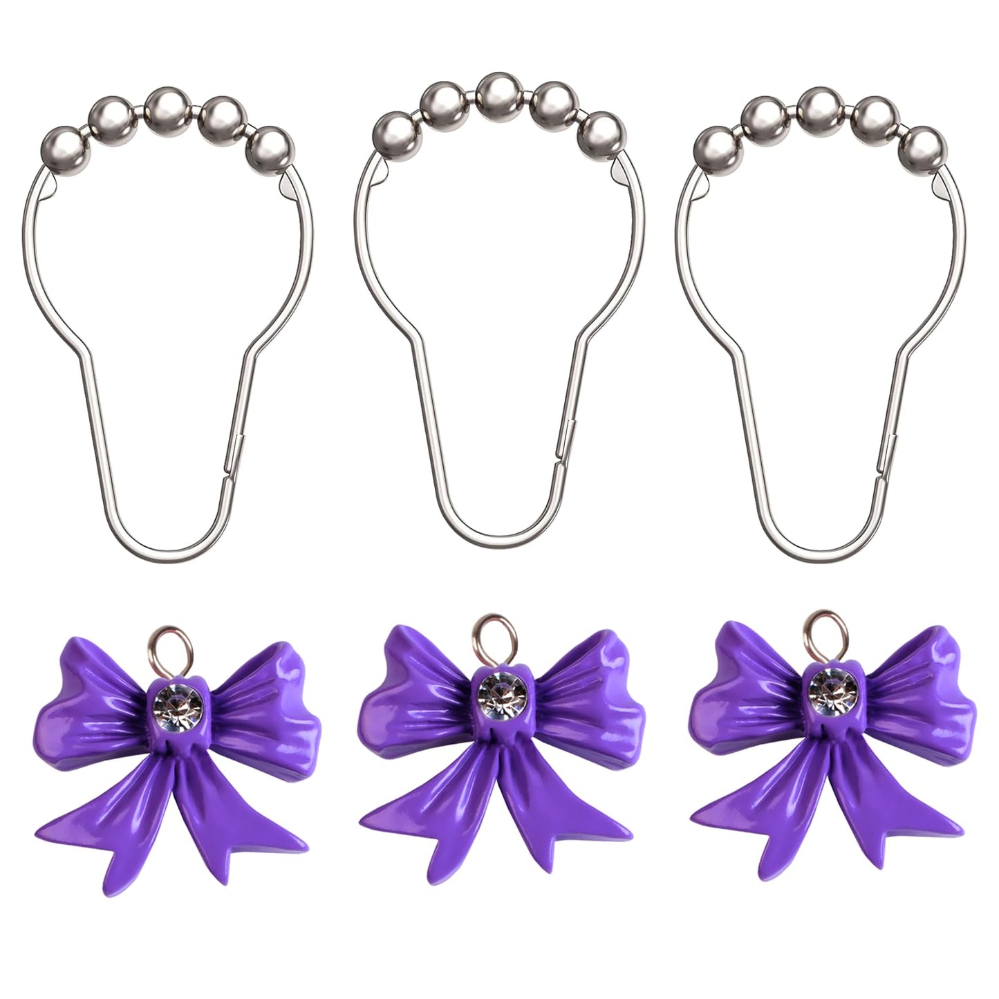 12 Pcs Purple Bow Knot Shower Curtain Hooks, Decorative Stainless Steel Shower Curtain Hooks for Bathroom Shower Rods