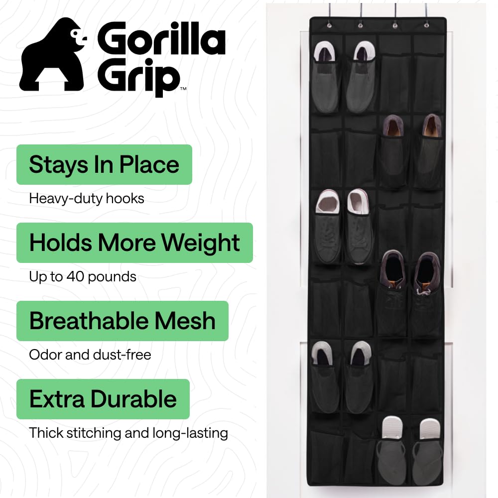 GORILLA GRIP Over the Door Shoe Organizer, 24 Large Pockets, Black